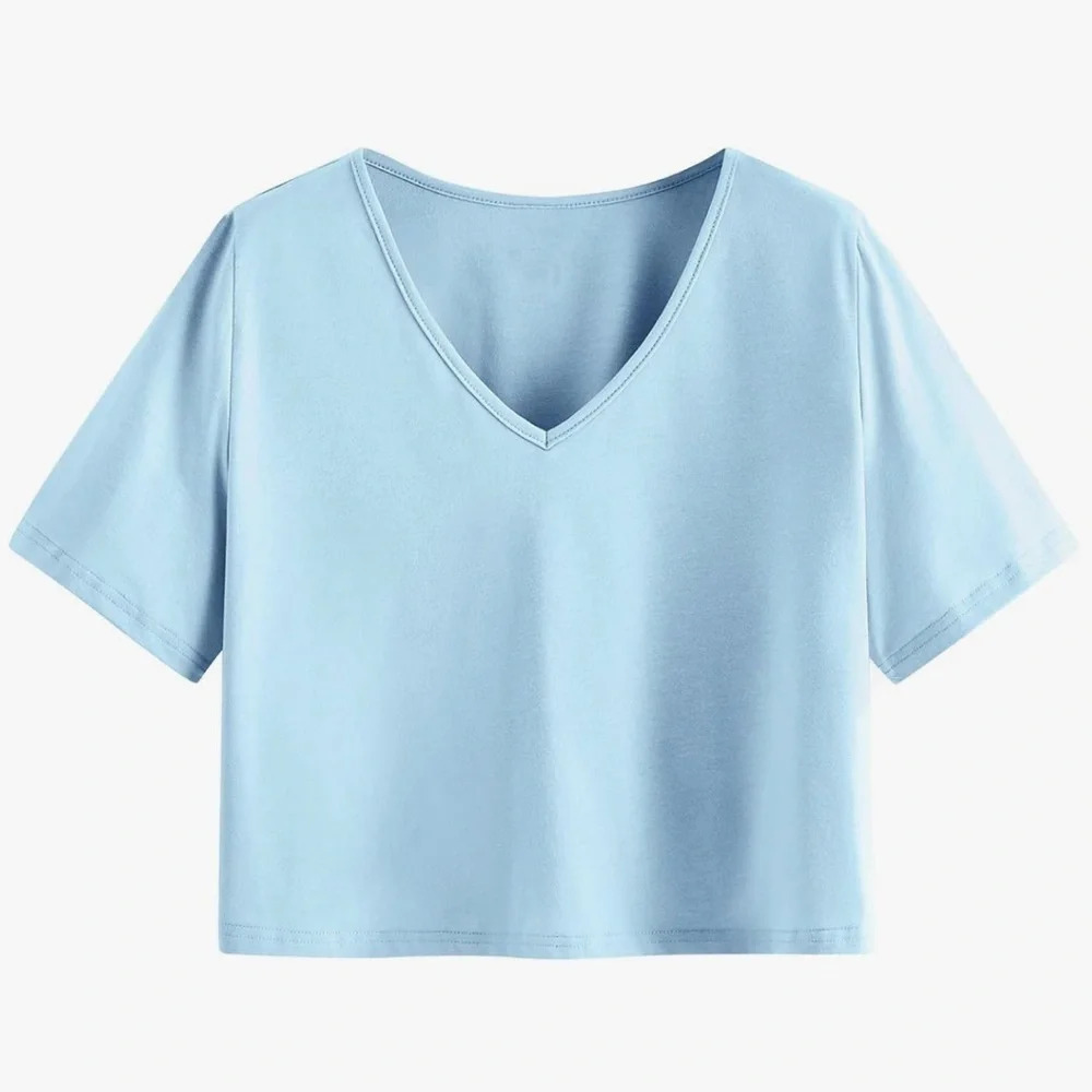 SweatyRocks Women's Casual V Neck Short Sleeve Solid Crop Top T-Shirt Light Blue